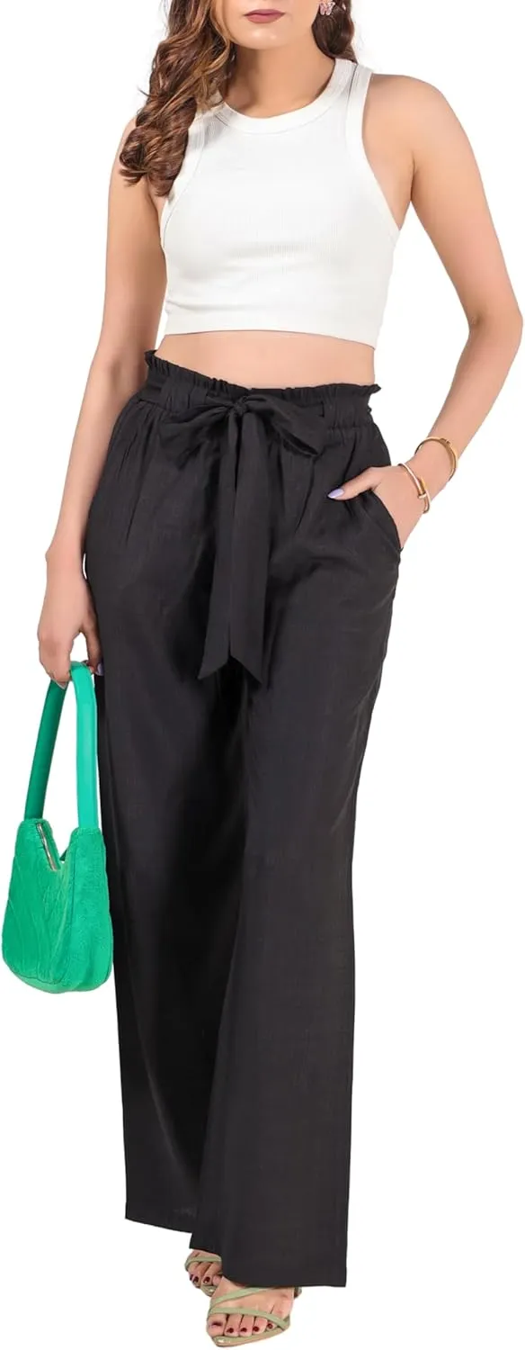 2025 Women's Wide Leg Summer Palazzo Pants with Pockets High Waist Adjustable Knot Flowy Casual Lounge Beach Trousers