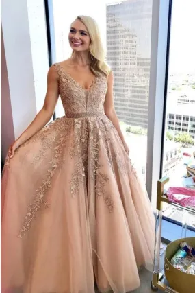 A-Line V-Neck Floor-Length Prom Dress with Appliques Beading PFP1617