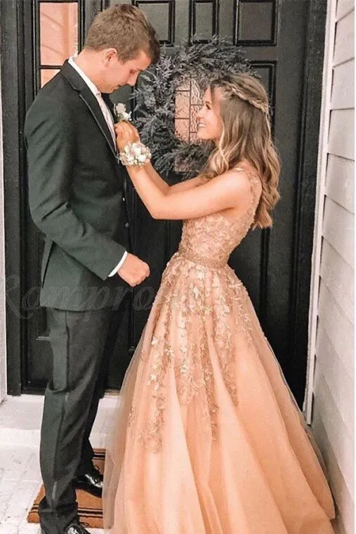 A-Line V-Neck Floor-Length Prom Dress with Appliques Beading PFP1617