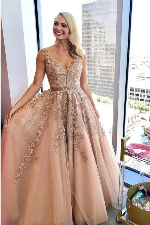 A-Line V-Neck Floor-Length Prom Dress with Appliques Beading PFP1617