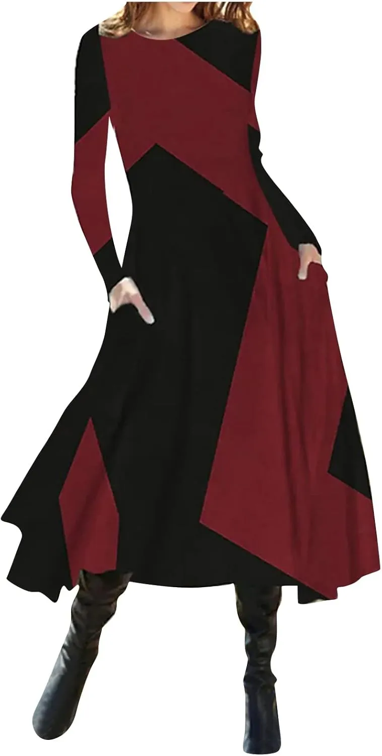ADHOWBEW Spring Dresses for Women 2024 Fashion Elegant Long Sleeve Midi Dress