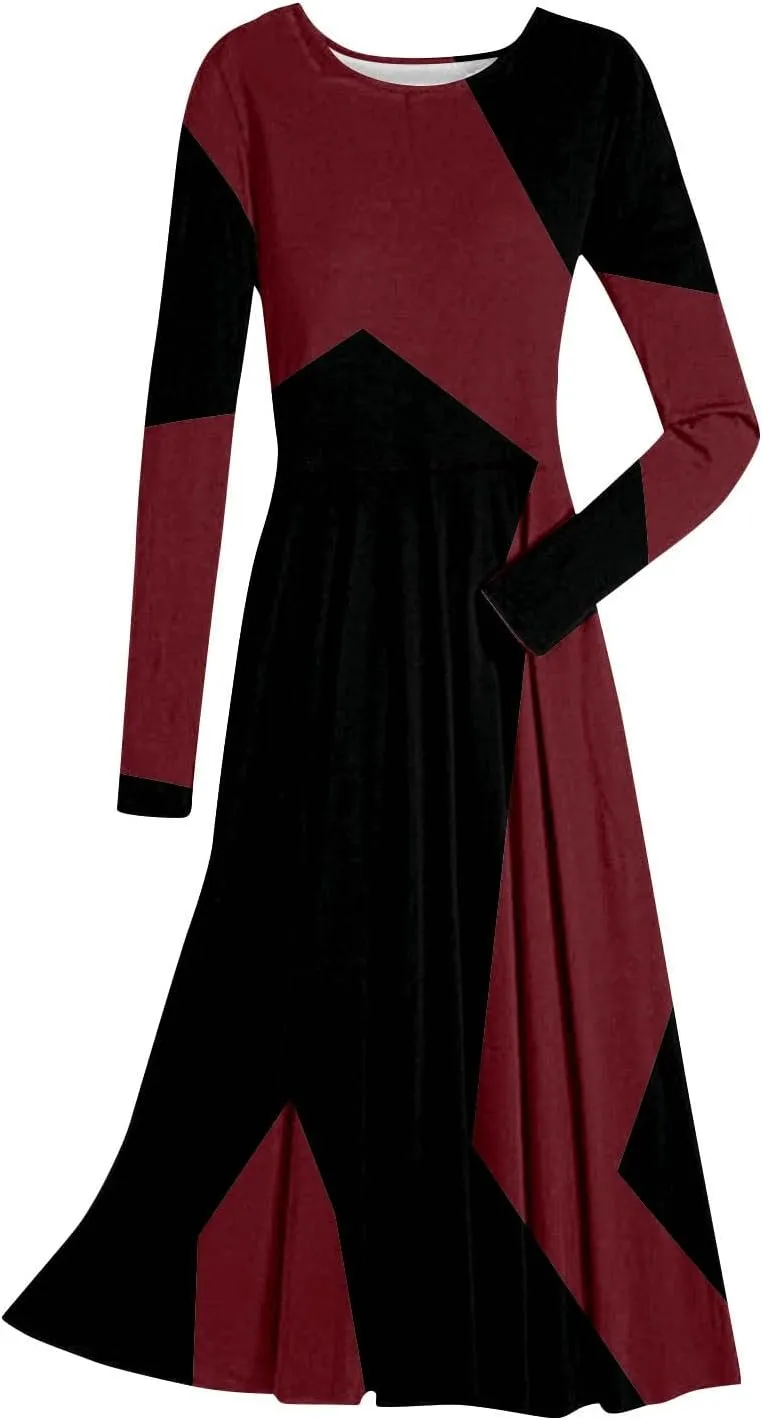 ADHOWBEW Spring Dresses for Women 2024 Fashion Elegant Long Sleeve Midi Dress