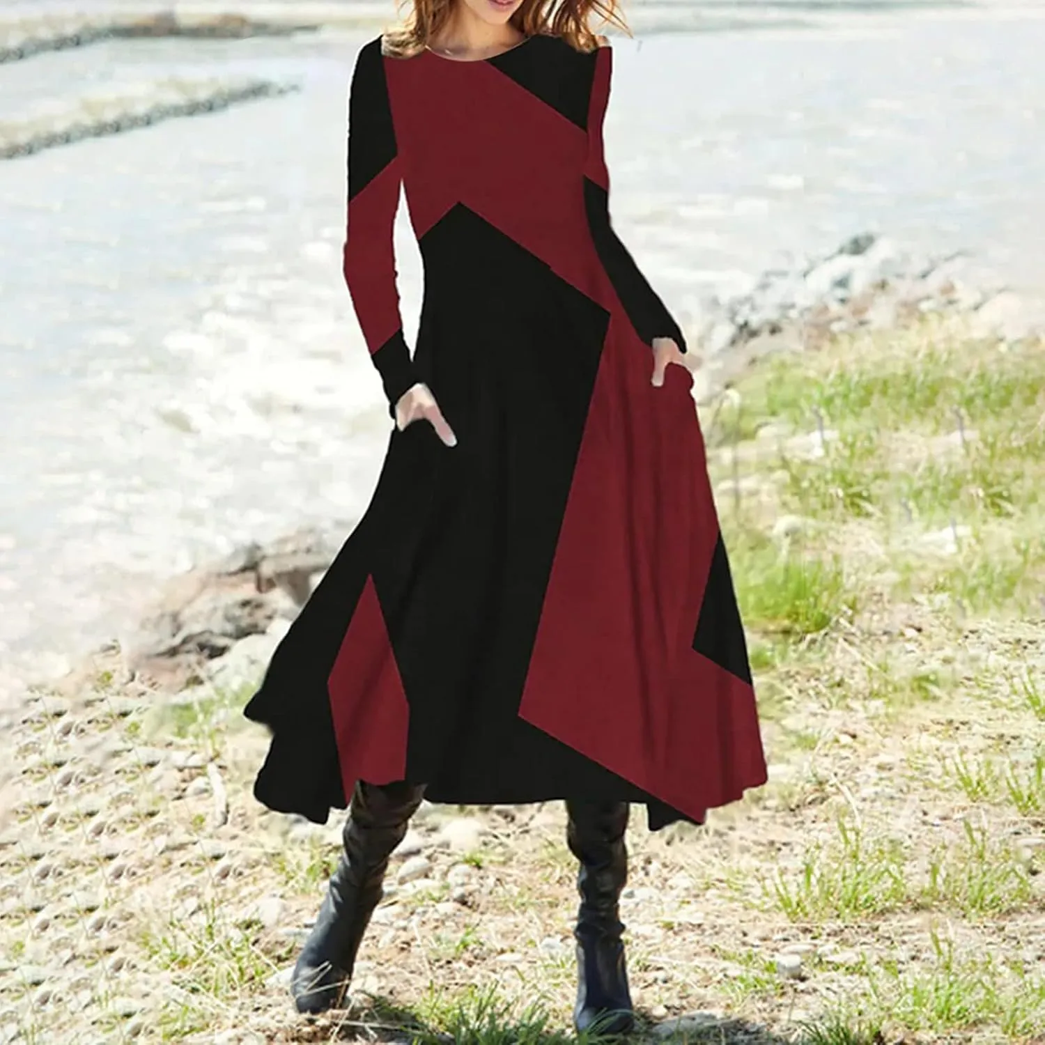 ADHOWBEW Spring Dresses for Women 2024 Fashion Elegant Long Sleeve Midi Dress