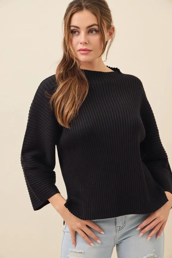 All Day Long Rib Knit Kimono Sleeve Top BLACK