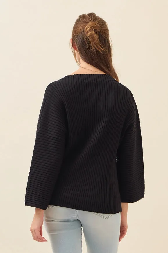 All Day Long Rib Knit Kimono Sleeve Top BLACK