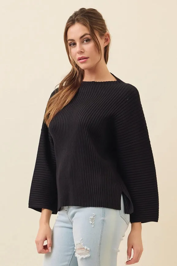 All Day Long Rib Knit Kimono Sleeve Top BLACK