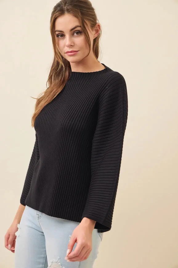 All Day Long Rib Knit Kimono Sleeve Top BLACK