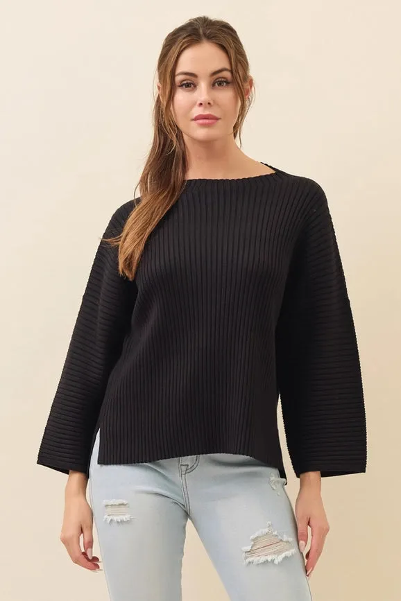 All Day Long Rib Knit Kimono Sleeve Top BLACK