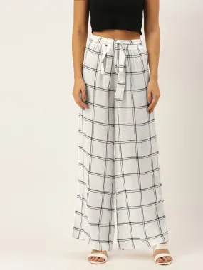 Berrylush Women White & Black Checked Print Drawstring Waist High-Rise Wide Leg Trousers