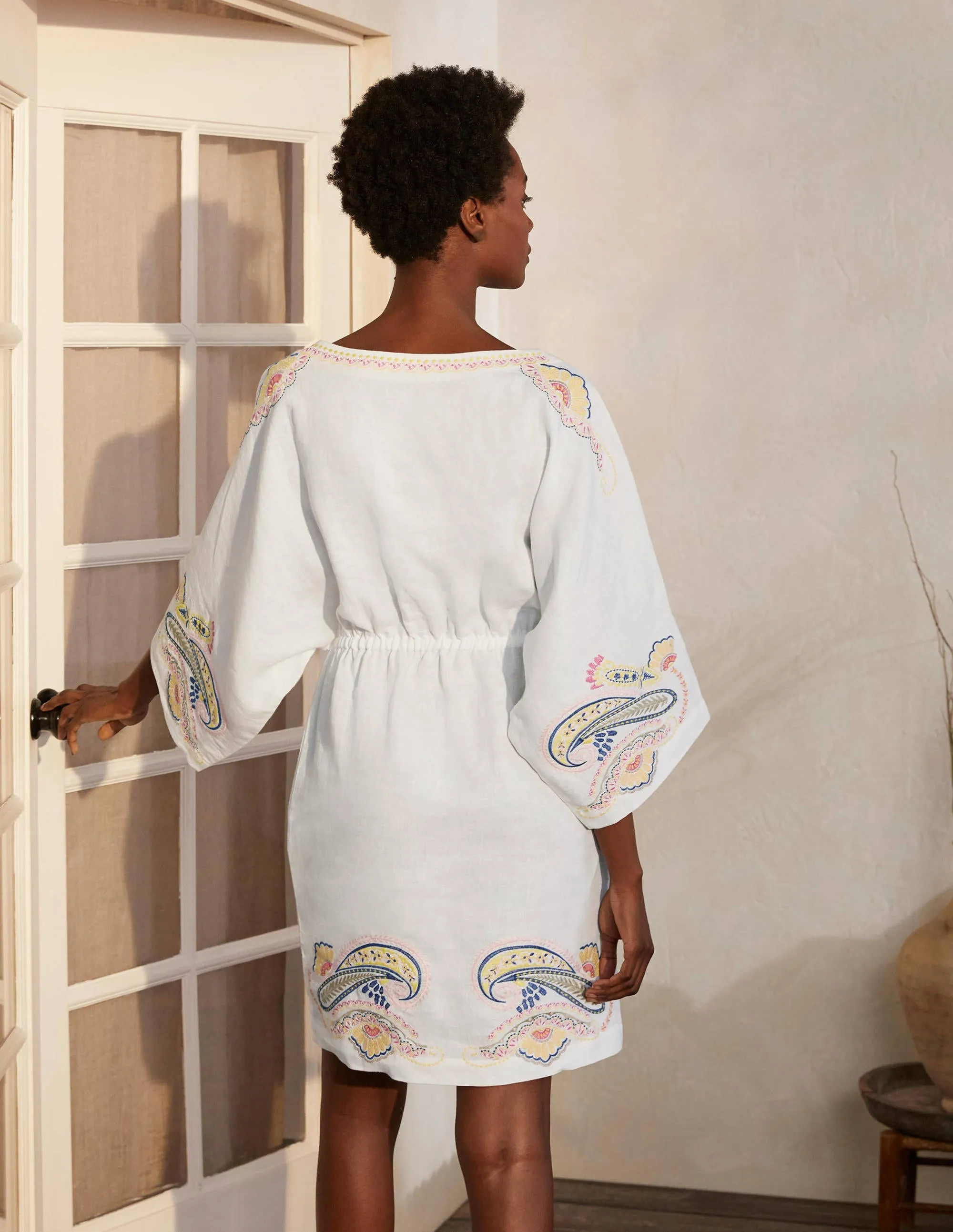 Briana Embroidered Linen Dress-White