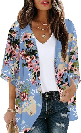 Chunoy Women Floral Print Lightweight Chiffon Kimono Cardigan Short Sleeve Loose Beach Wear Cover Up Blouse Top