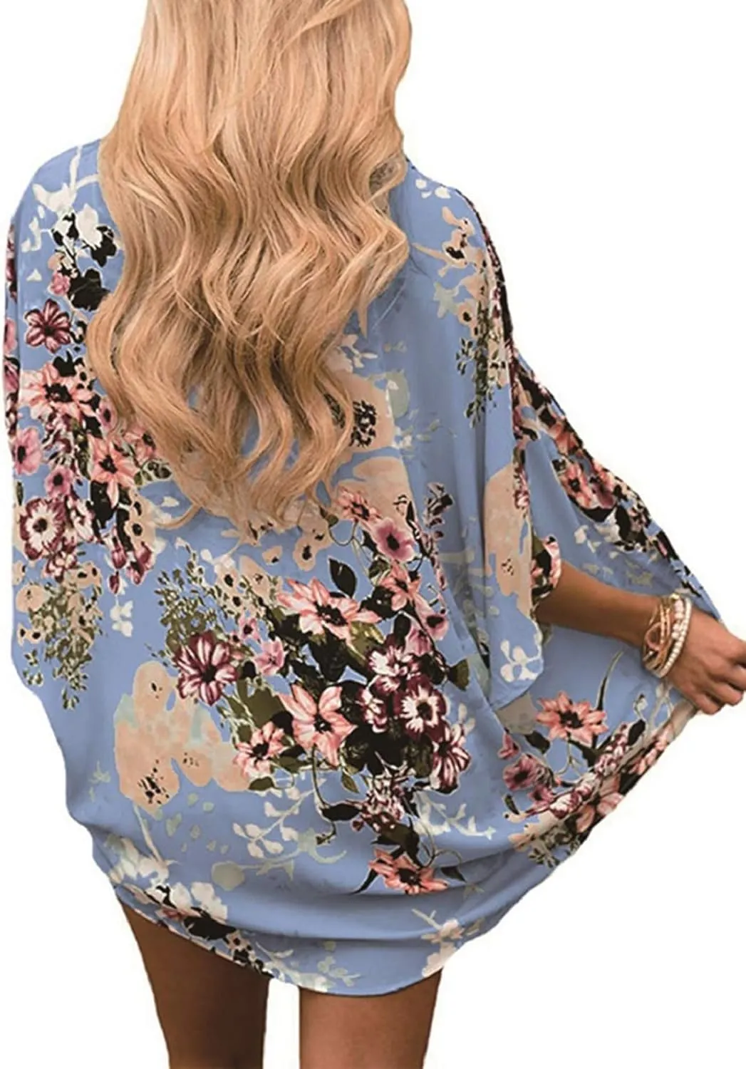 Chunoy Women Floral Print Lightweight Chiffon Kimono Cardigan Short Sleeve Loose Beach Wear Cover Up Blouse Top