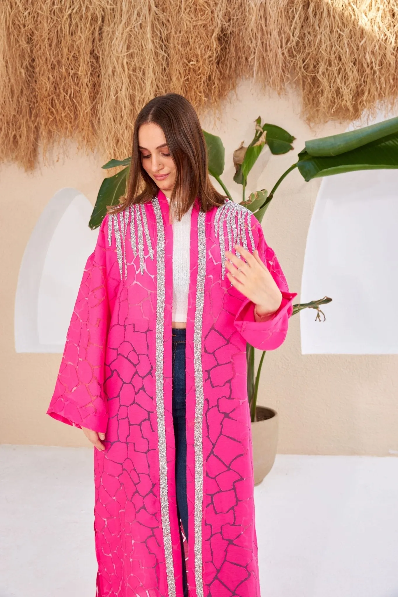 Dark Pink Stone Design Kimono