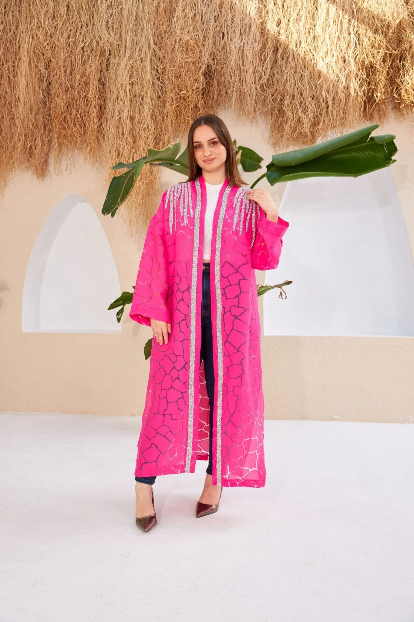 Dark Pink Stone Design Kimono