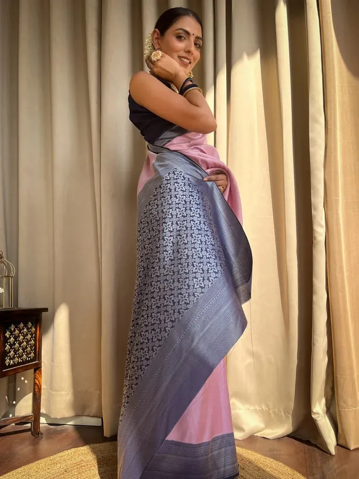 Delightful Baby Pink Soft Silk Saree With Ravishing Blouse Piece