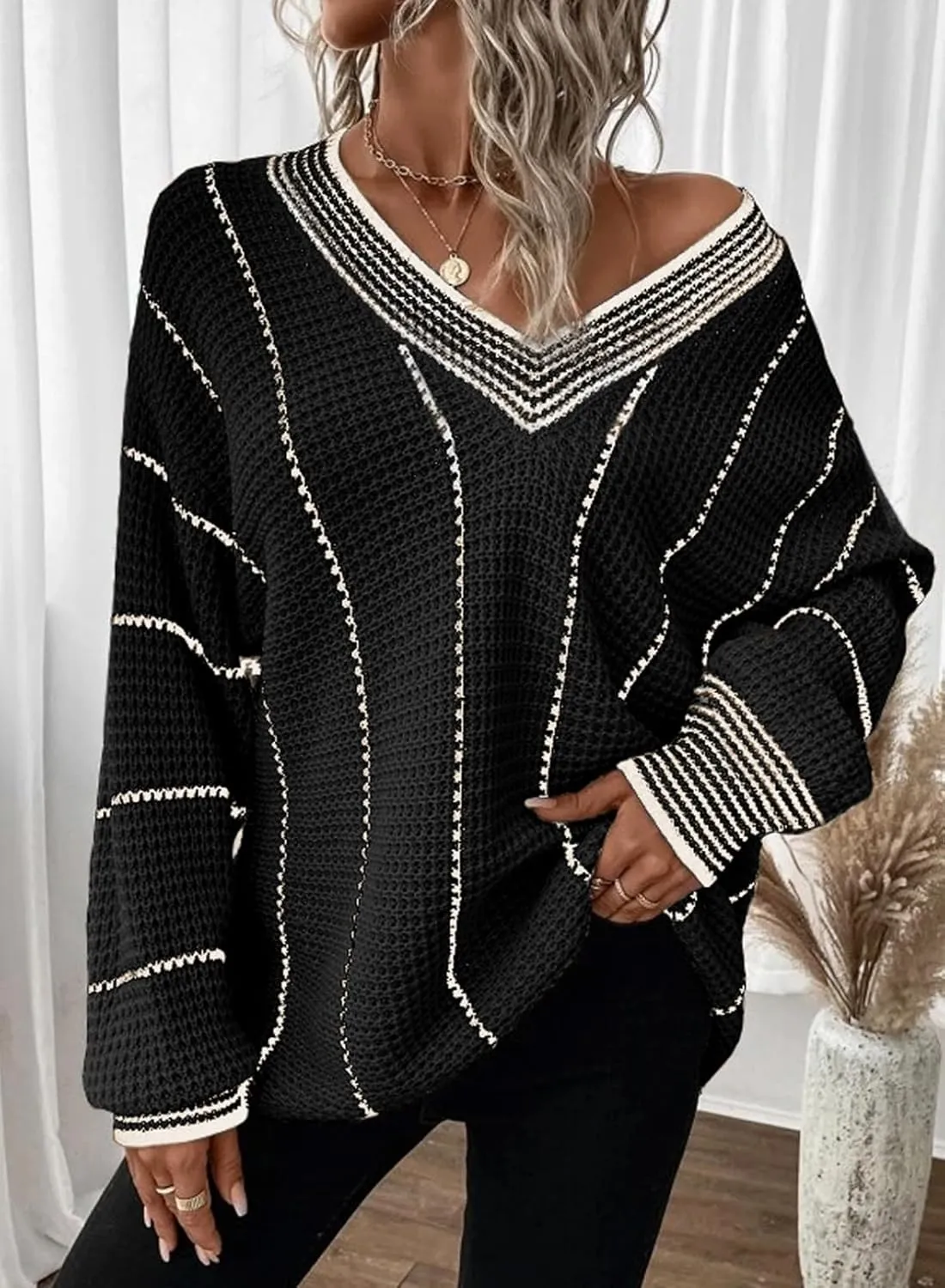 Dokotoo Womens Oversized Striped Tunic Sweaters Casual V Neck Long Sleeve Color Block Knit Pullover Jumper Tops