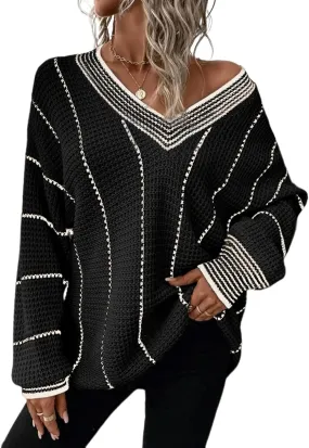 Dokotoo Womens Oversized Striped Tunic Sweaters Casual V Neck Long Sleeve Color Block Knit Pullover Jumper Tops
