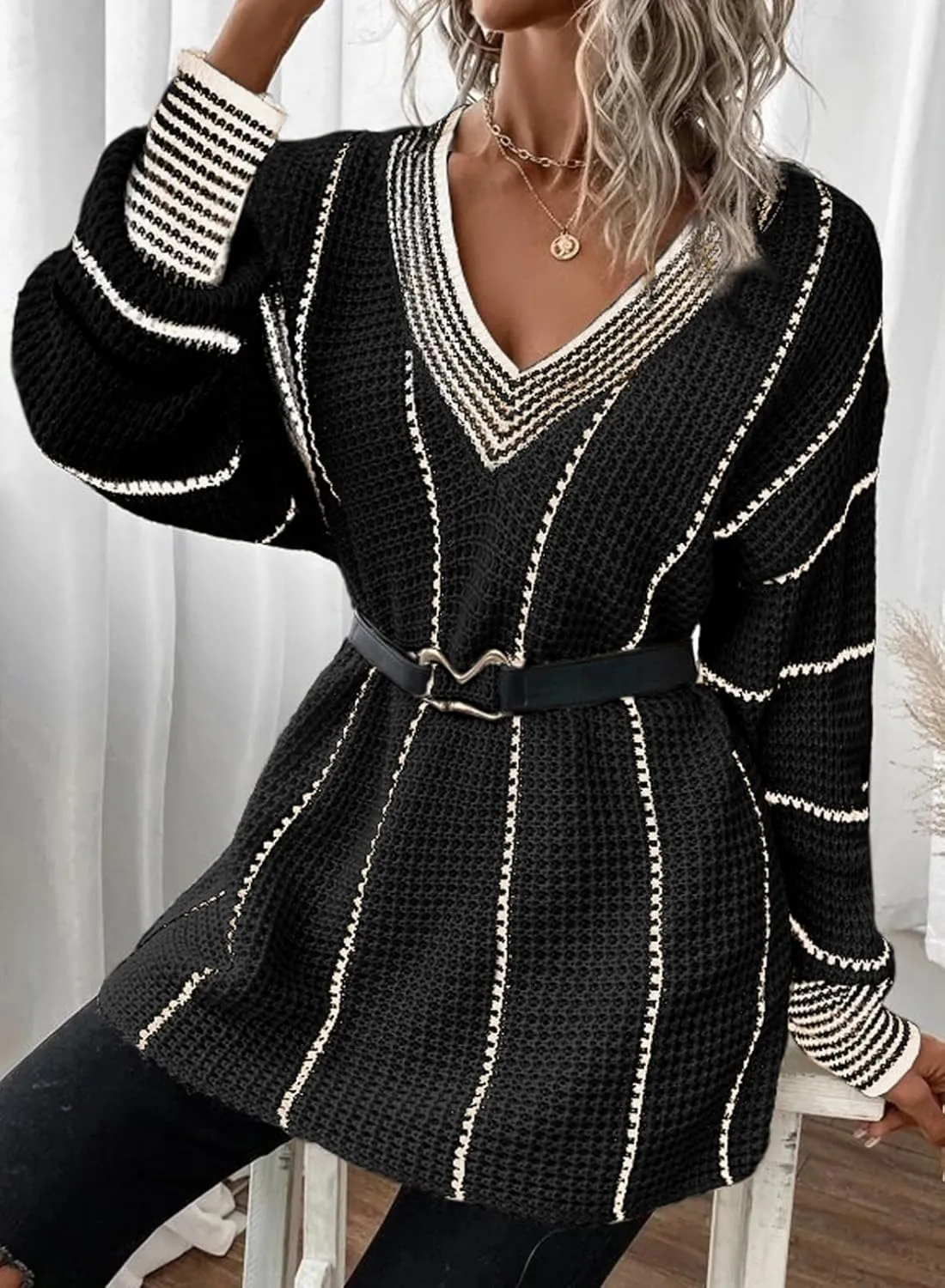 Dokotoo Womens Oversized Striped Tunic Sweaters Casual V Neck Long Sleeve Color Block Knit Pullover Jumper Tops
