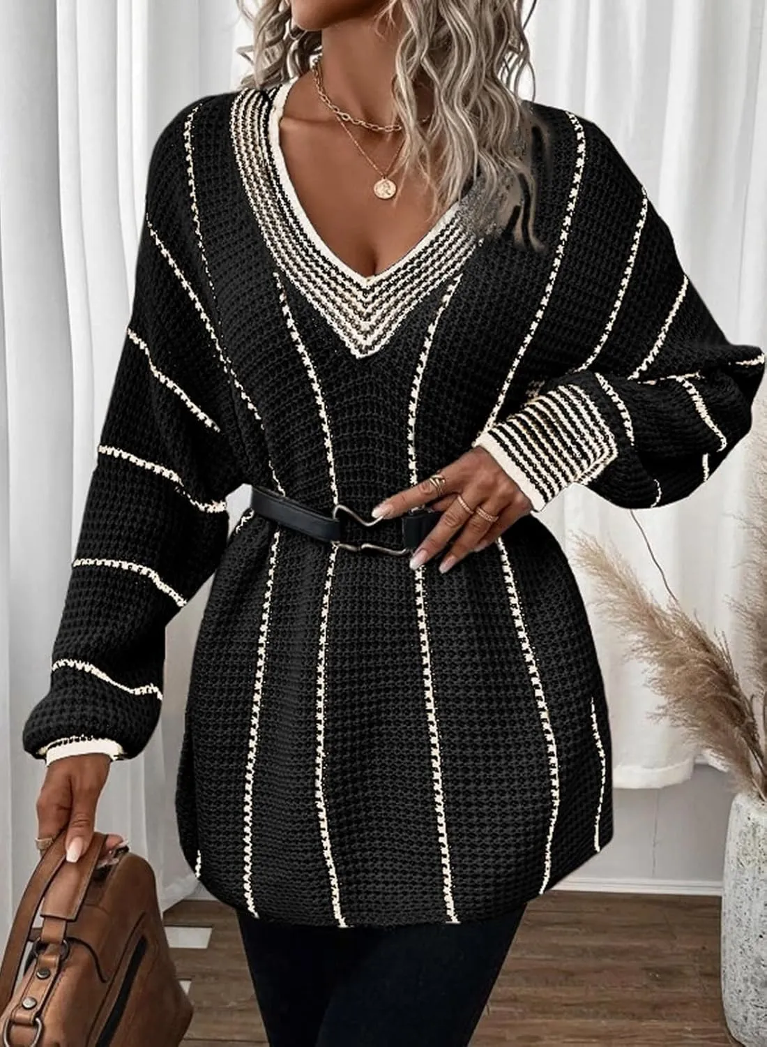 Dokotoo Womens Oversized Striped Tunic Sweaters Casual V Neck Long Sleeve Color Block Knit Pullover Jumper Tops