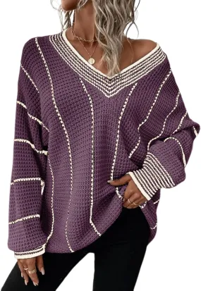 Dokotoo Womens Oversized Striped Tunic Sweaters Casual V Neck Long Sleeve Color Block Knit Pullover Jumper Tops