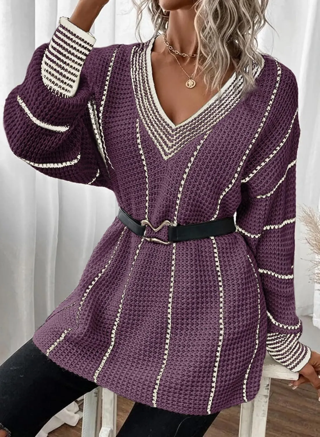 Dokotoo Womens Oversized Striped Tunic Sweaters Casual V Neck Long Sleeve Color Block Knit Pullover Jumper Tops
