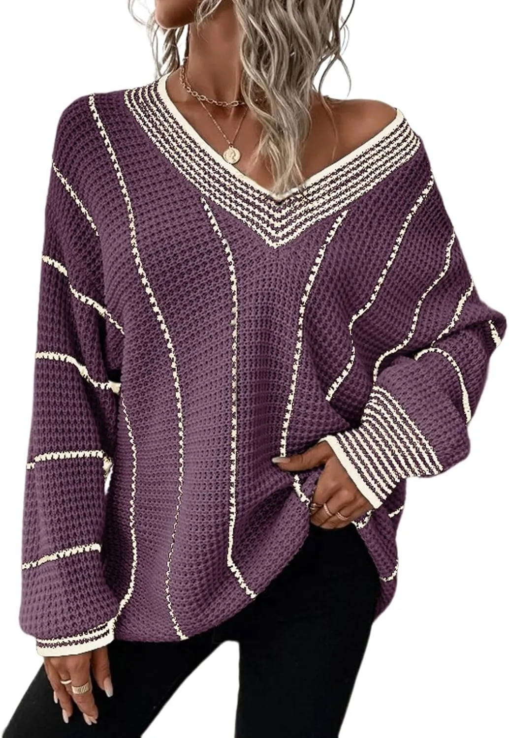 Dokotoo Womens Oversized Striped Tunic Sweaters Casual V Neck Long Sleeve Color Block Knit Pullover Jumper Tops