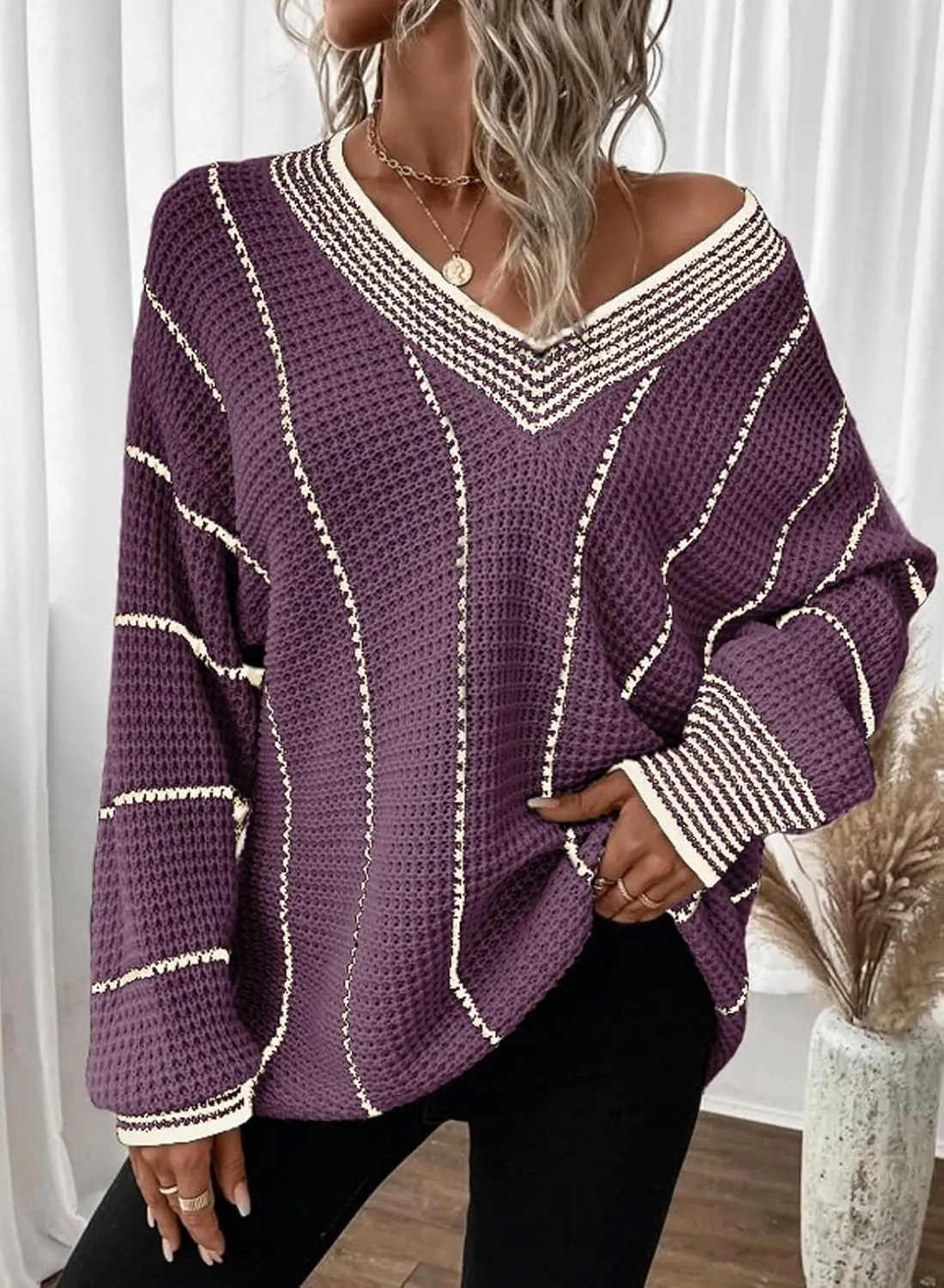 Dokotoo Womens Oversized Striped Tunic Sweaters Casual V Neck Long Sleeve Color Block Knit Pullover Jumper Tops