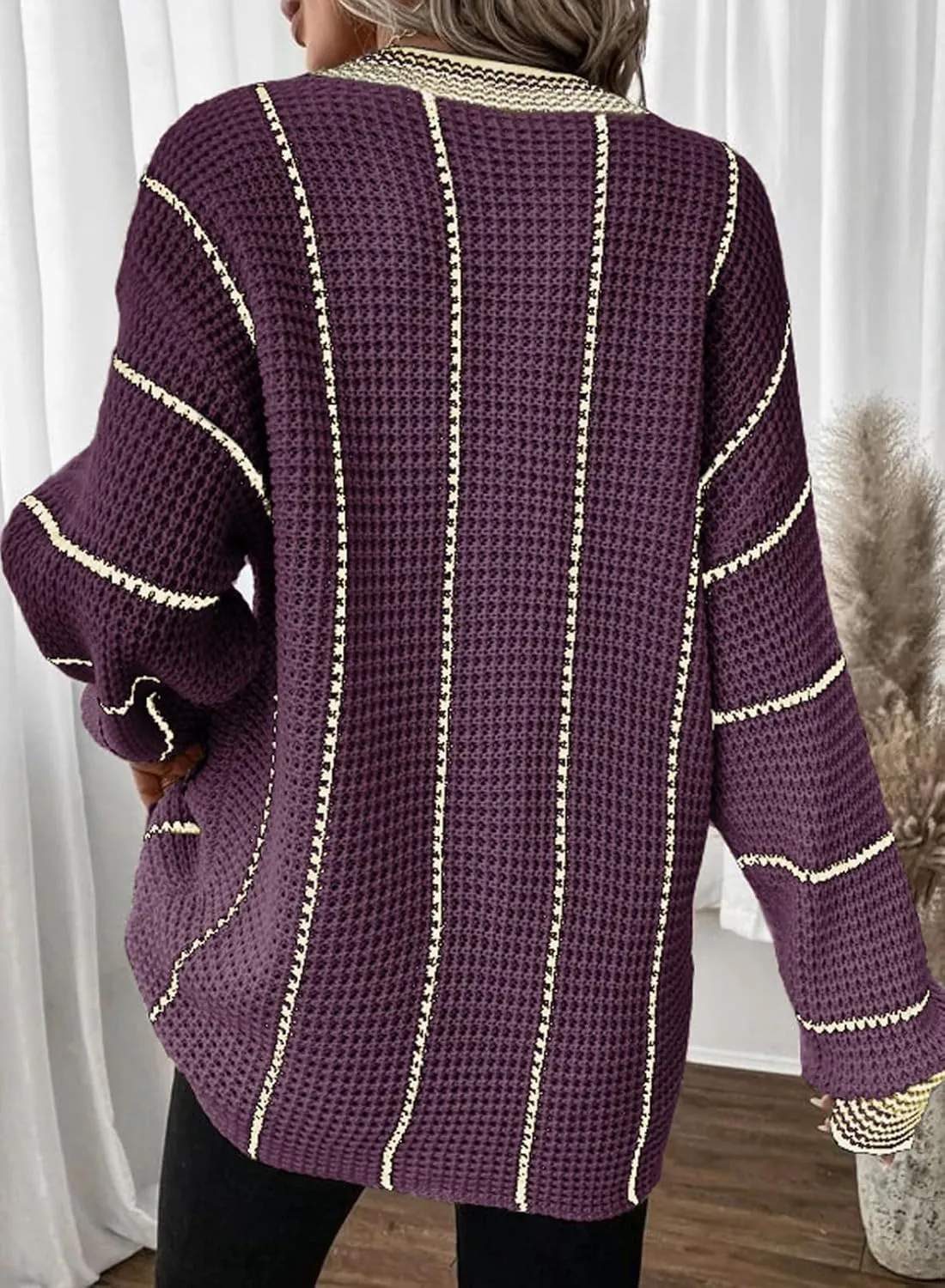 Dokotoo Womens Oversized Striped Tunic Sweaters Casual V Neck Long Sleeve Color Block Knit Pullover Jumper Tops