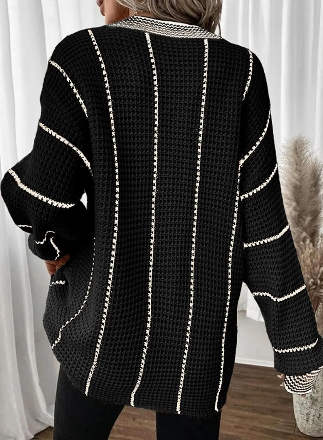 Dokotoo Womens Oversized Striped Tunic Sweaters Casual V Neck Long Sleeve Color Block Knit Pullover Jumper Tops