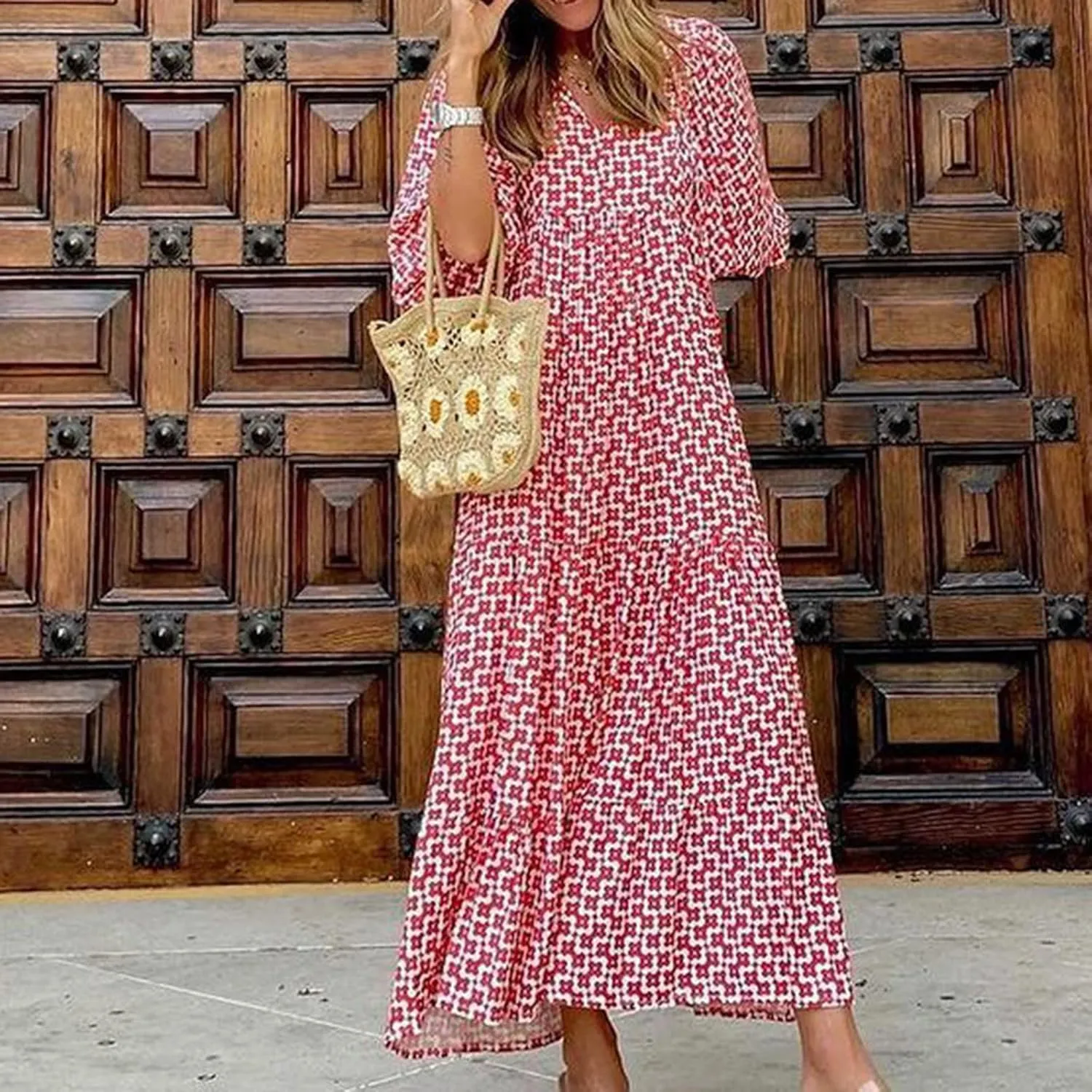Easter Dresses for Women Geometric Print Neckline Lace-up Middle-Sleeves Dresses Casual Elegant Dress