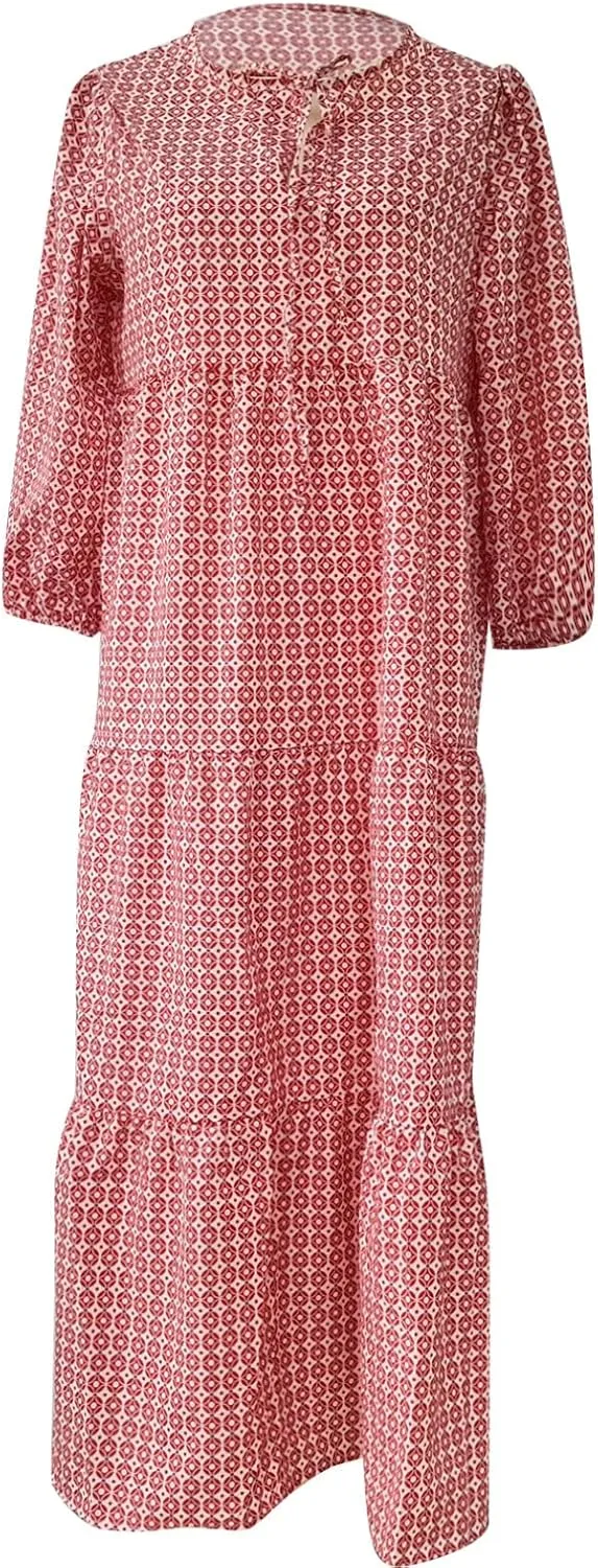 Easter Dresses for Women Geometric Print Neckline Lace-up Middle-Sleeves Dresses Casual Elegant Dress