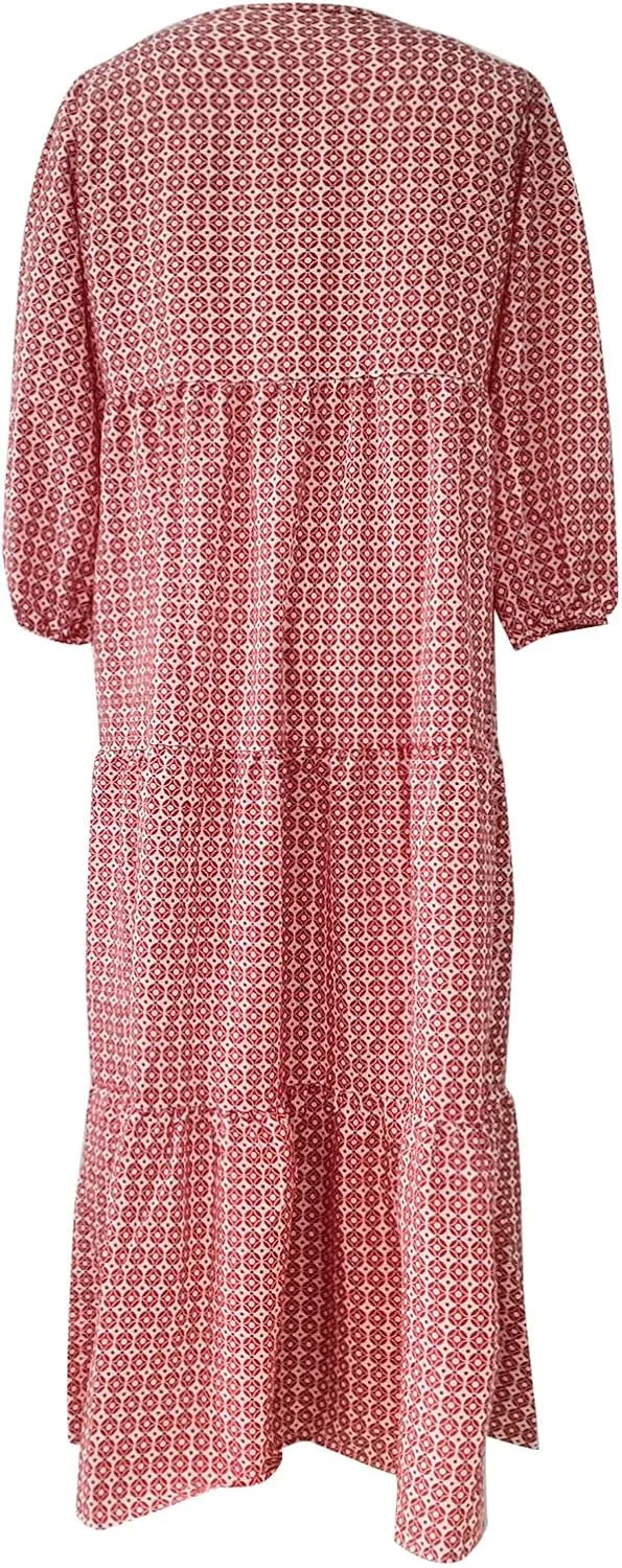 Easter Dresses for Women Geometric Print Neckline Lace-up Middle-Sleeves Dresses Casual Elegant Dress