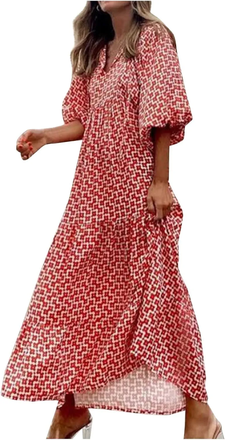 Easter Dresses for Women Geometric Print Neckline Lace-up Middle-Sleeves Dresses Casual Elegant Dress
