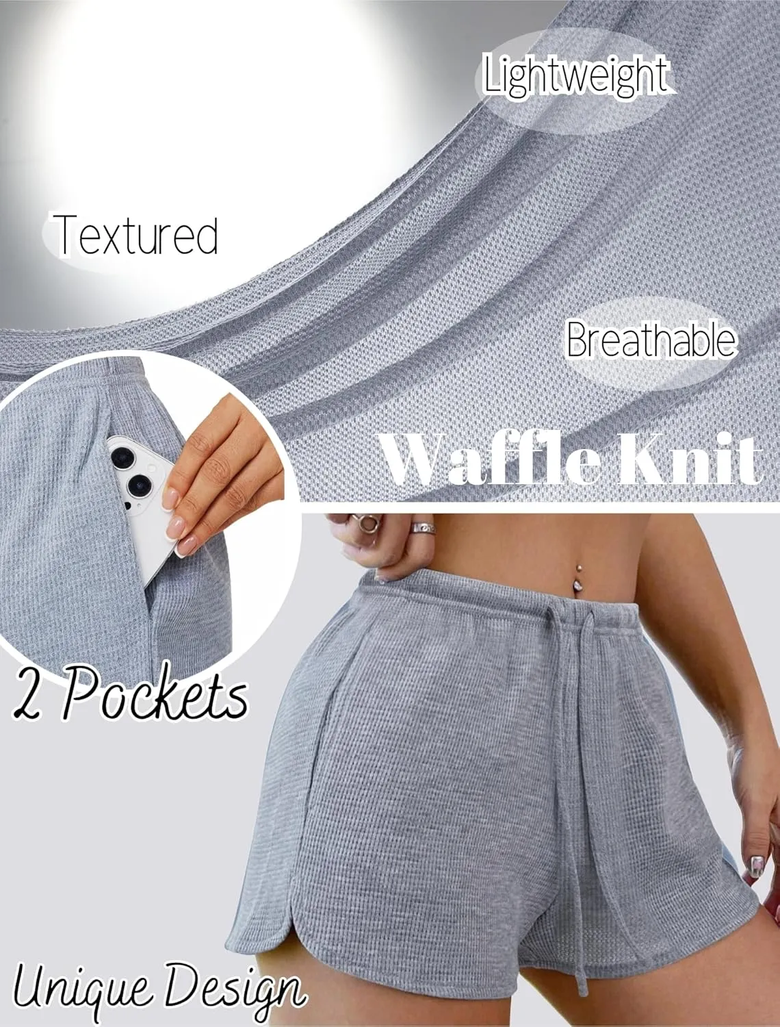 Ekouaer Womens Waffle Knit Pajama Shorts Soft Drawstring Lounge bottoms Casual Workout Shorts with Pockets
