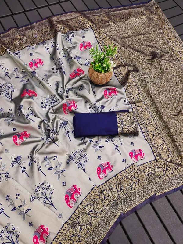 Enticing Grey Soft Silk Saree With Diaphanous Blouse Piece