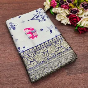 Enticing Grey Soft Silk Saree With Diaphanous Blouse Piece