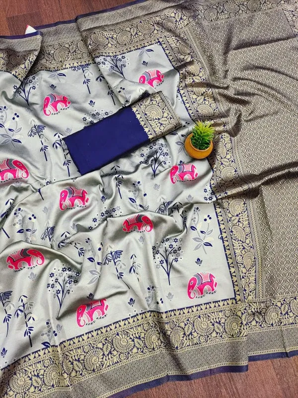 Enticing Grey Soft Silk Saree With Diaphanous Blouse Piece