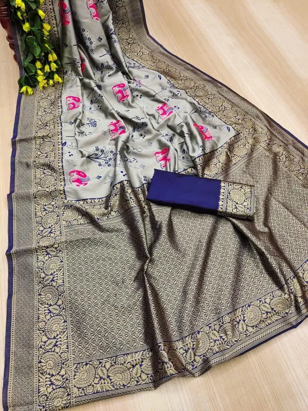 Enticing Grey Soft Silk Saree With Diaphanous Blouse Piece