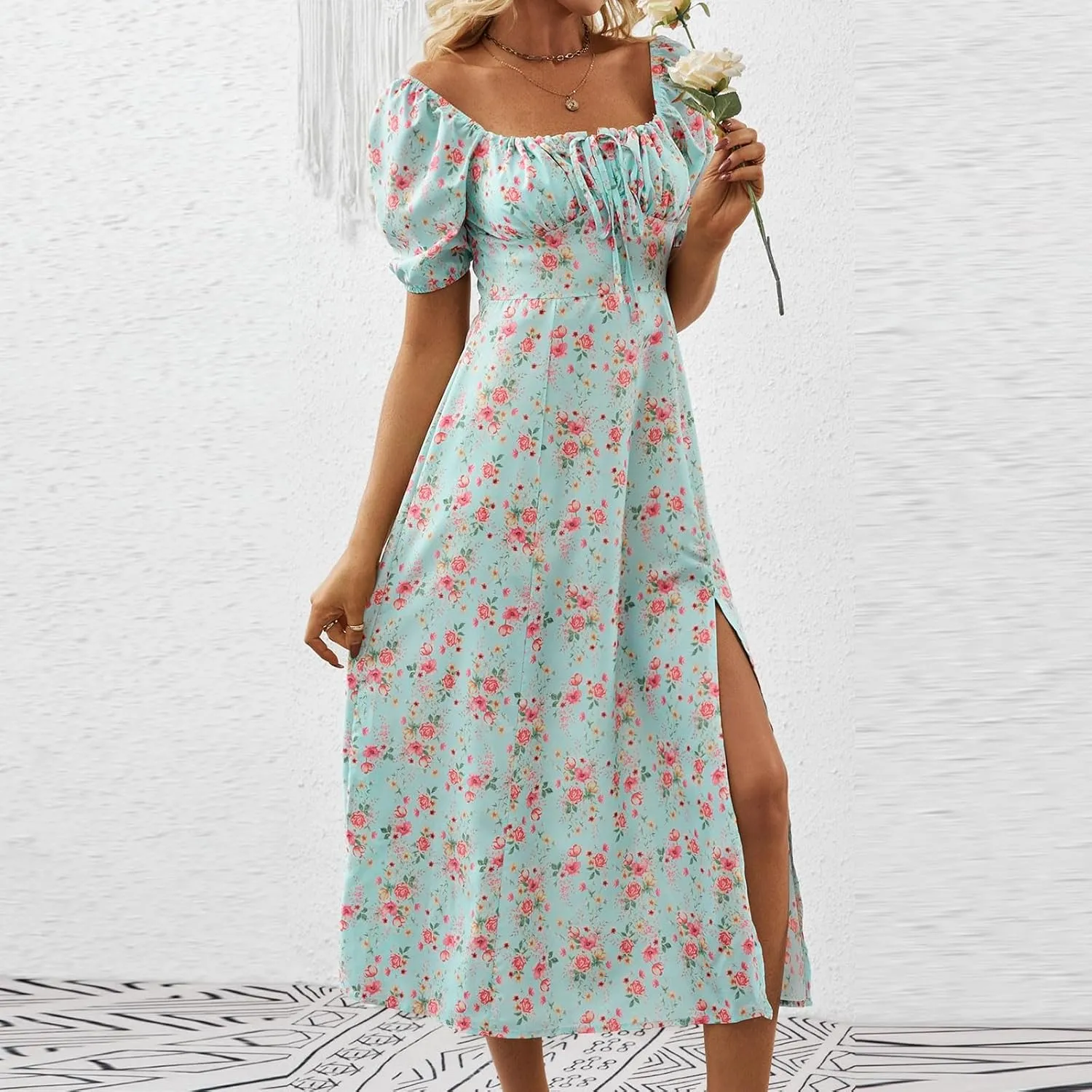 Floral Dress for Women Summer Smocked Beach Flowy Boho Dress Casual Square Neck Puff Short Sleeve Modest Dresses