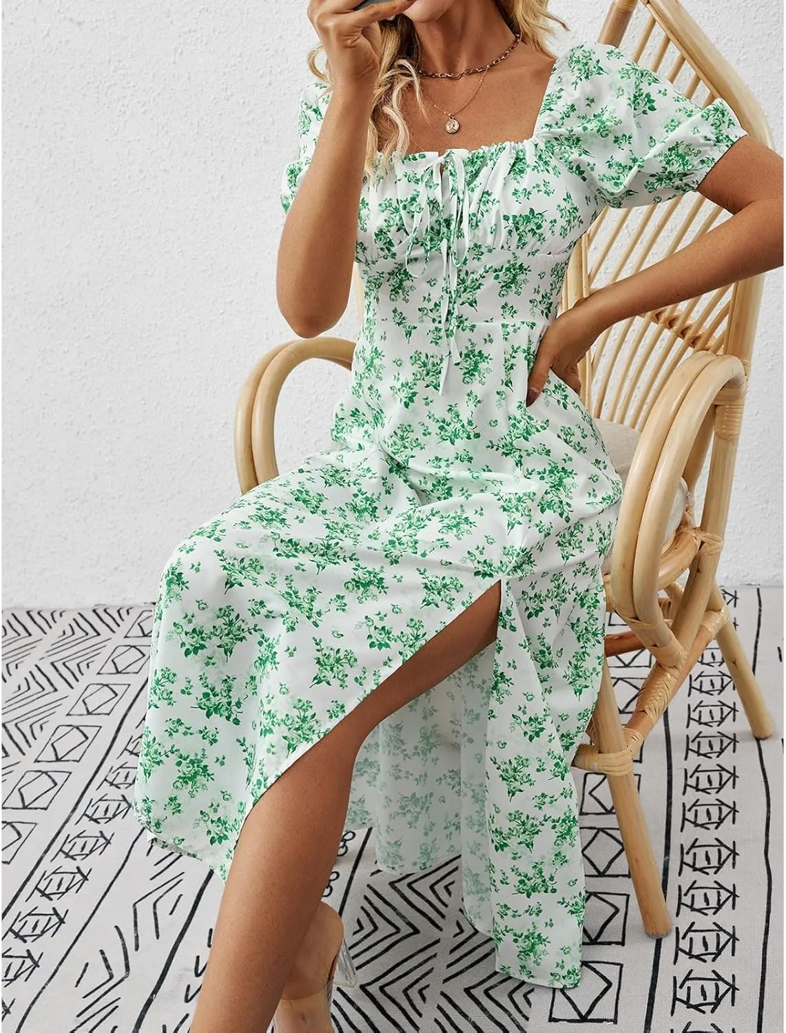 Floral Dress for Women Summer Smocked Beach Flowy Boho Dress Casual Square Neck Puff Short Sleeve Modest Dresses