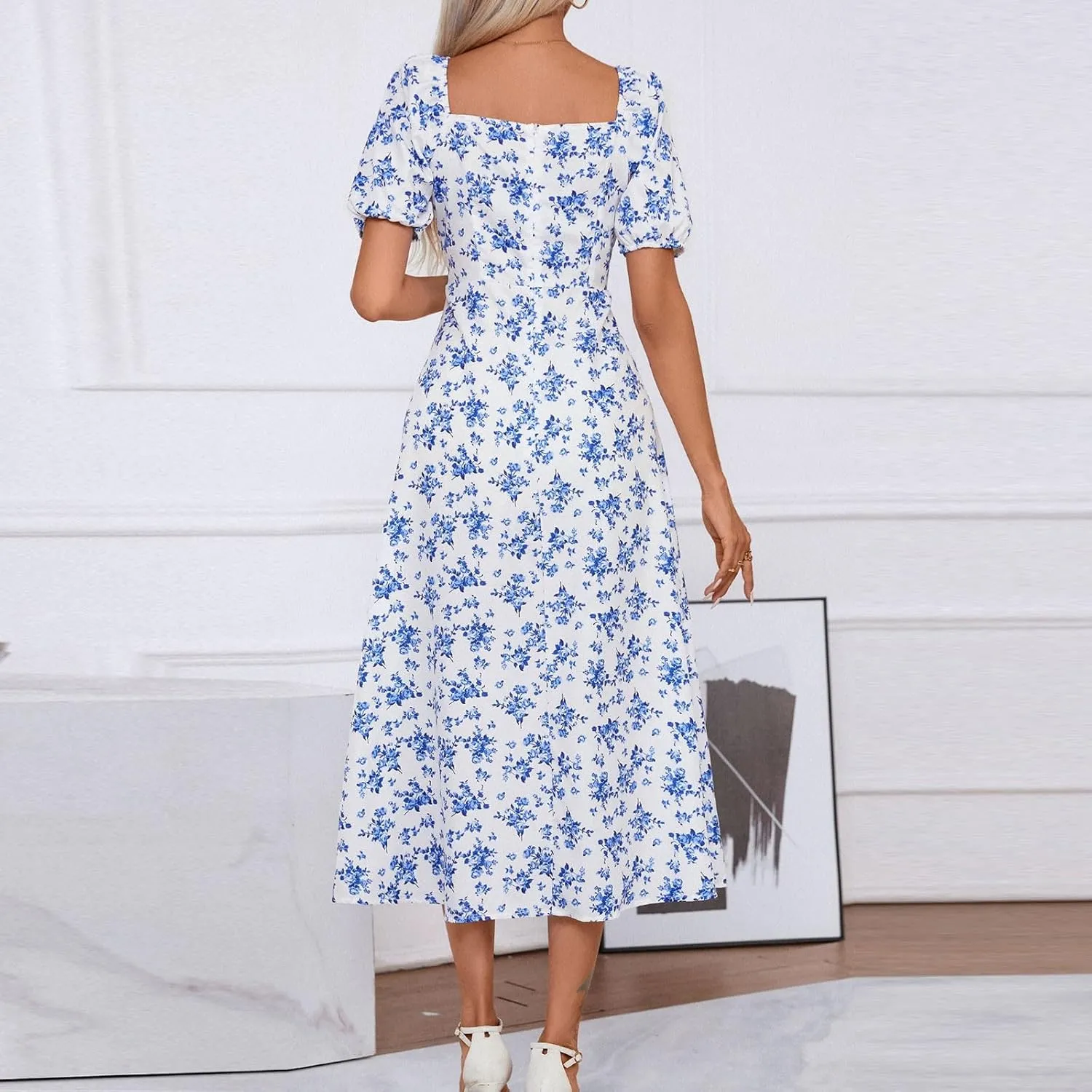 Floral Dress for Women Summer Smocked Beach Flowy Boho Dress Casual Square Neck Puff Short Sleeve Modest Dresses