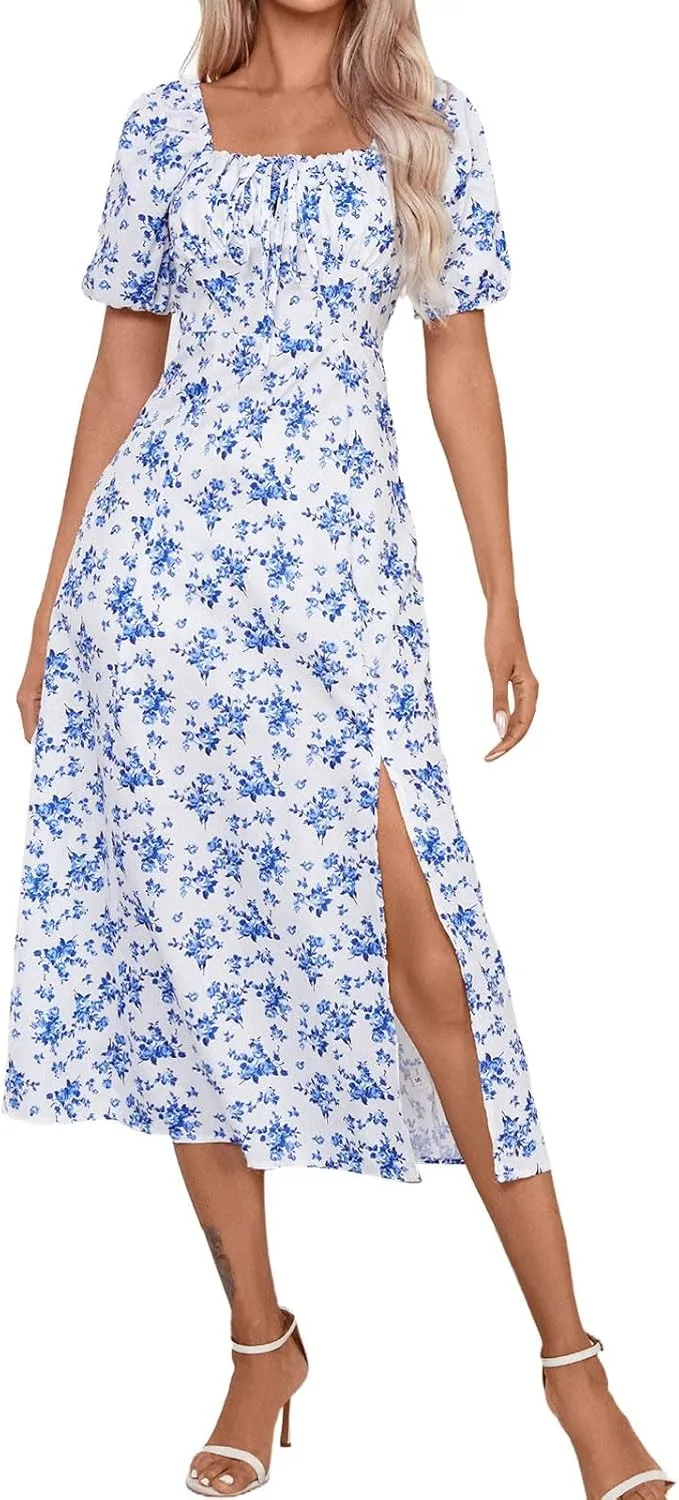 Floral Dress for Women Summer Smocked Beach Flowy Boho Dress Casual Square Neck Puff Short Sleeve Modest Dresses