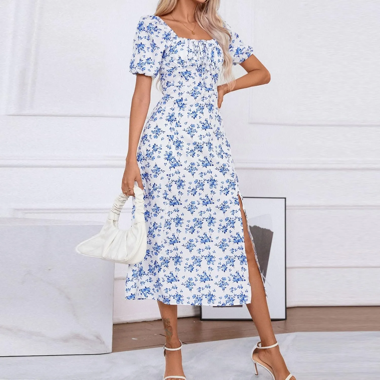Floral Dress for Women Summer Smocked Beach Flowy Boho Dress Casual Square Neck Puff Short Sleeve Modest Dresses
