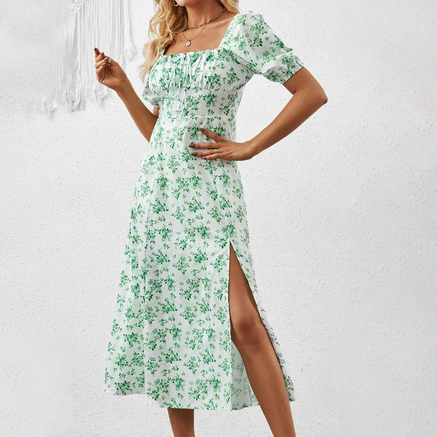 Floral Dress for Women Summer Smocked Beach Flowy Boho Dress Casual Square Neck Puff Short Sleeve Modest Dresses