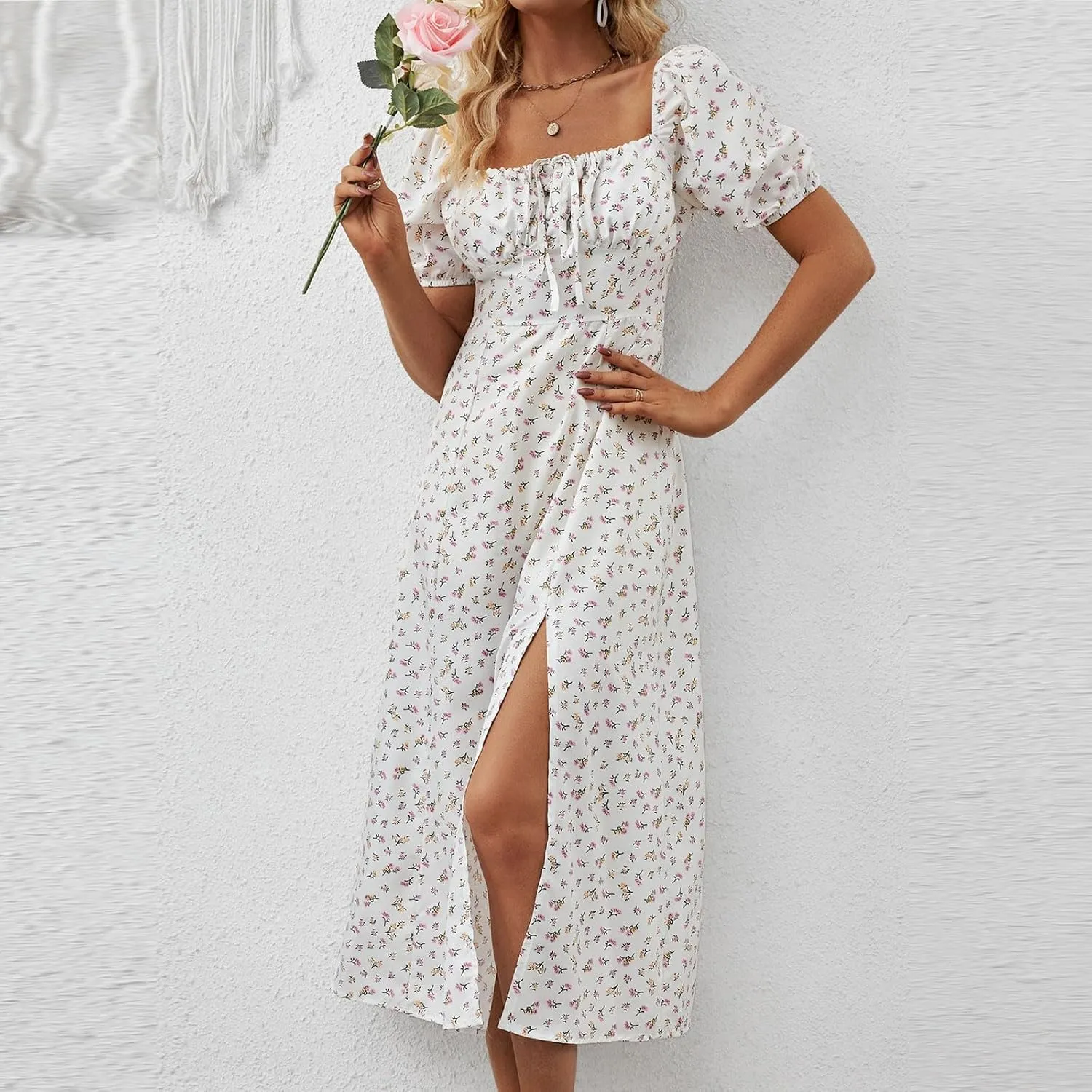 Floral Dress for Women Summer Smocked Beach Flowy Boho Dress Casual Square Neck Puff Short Sleeve Modest Dresses