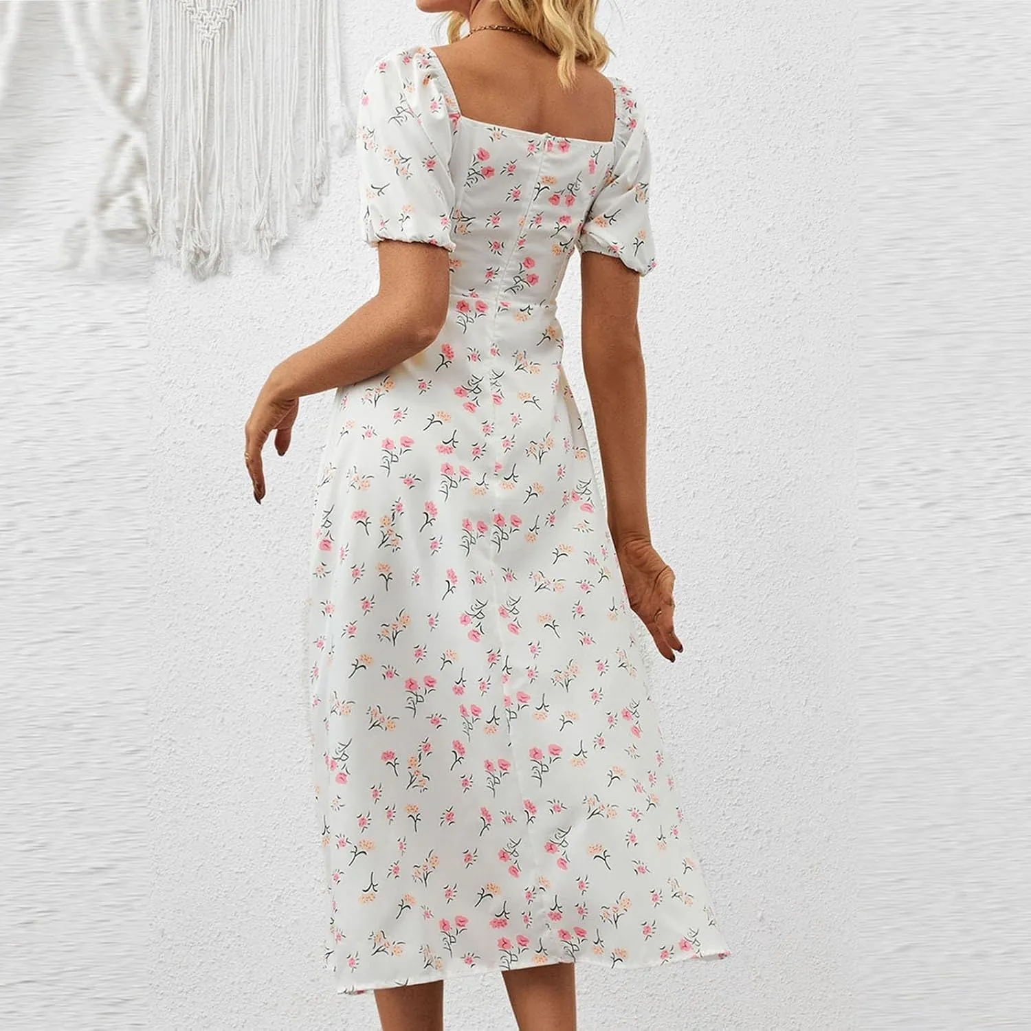 Floral Dress for Women Summer Smocked Beach Flowy Boho Dress Casual Square Neck Puff Short Sleeve Modest Dresses
