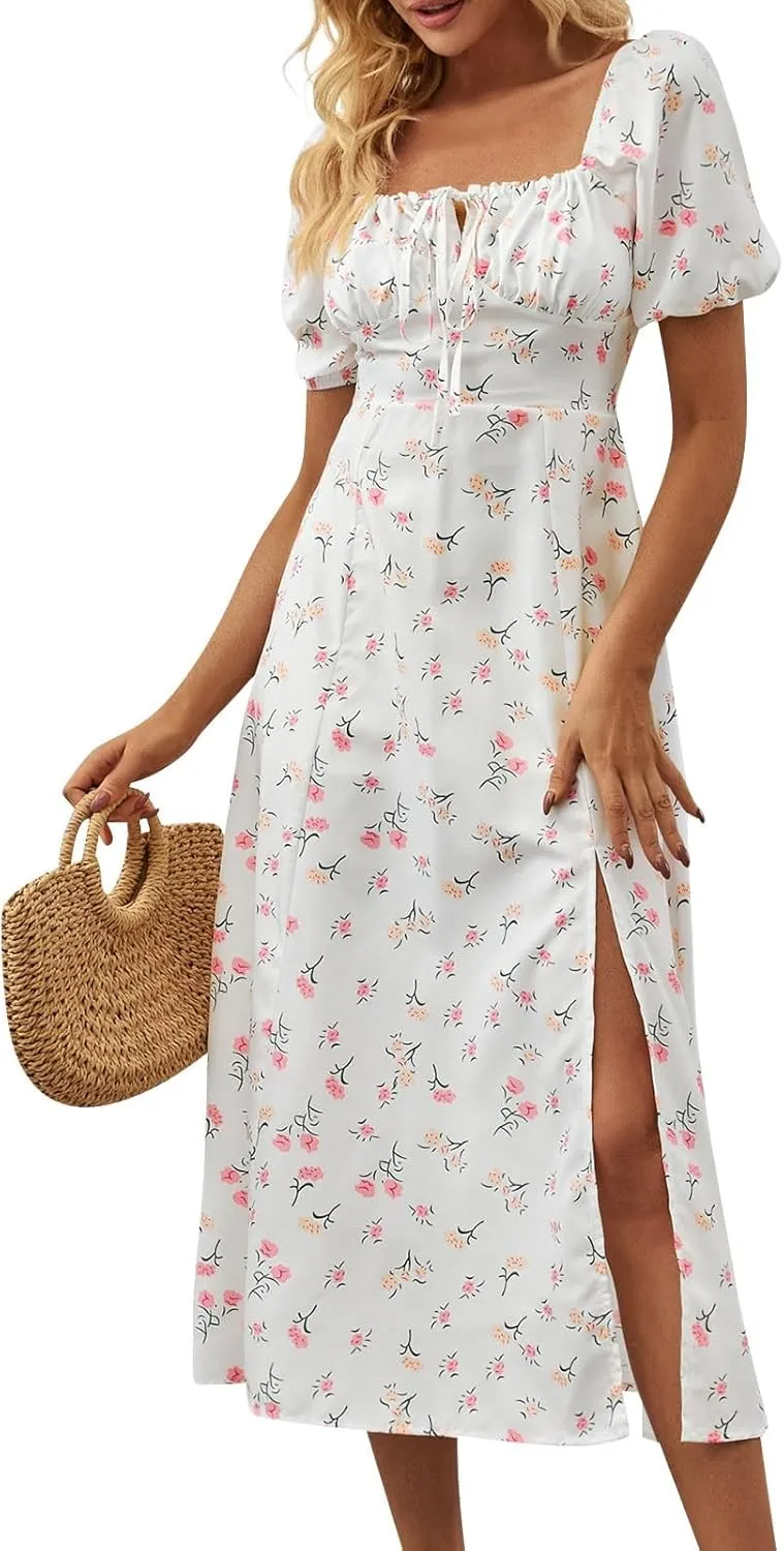 Floral Dress for Women Summer Smocked Beach Flowy Boho Dress Casual Square Neck Puff Short Sleeve Modest Dresses