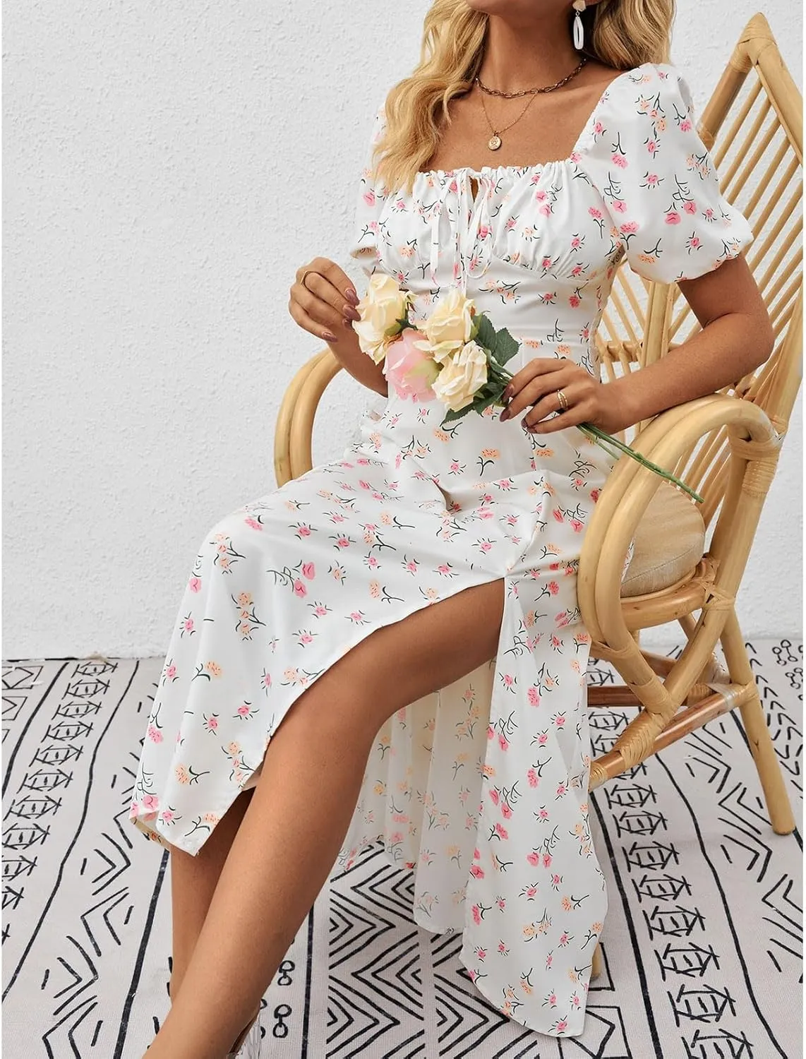 Floral Dress for Women Summer Smocked Beach Flowy Boho Dress Casual Square Neck Puff Short Sleeve Modest Dresses