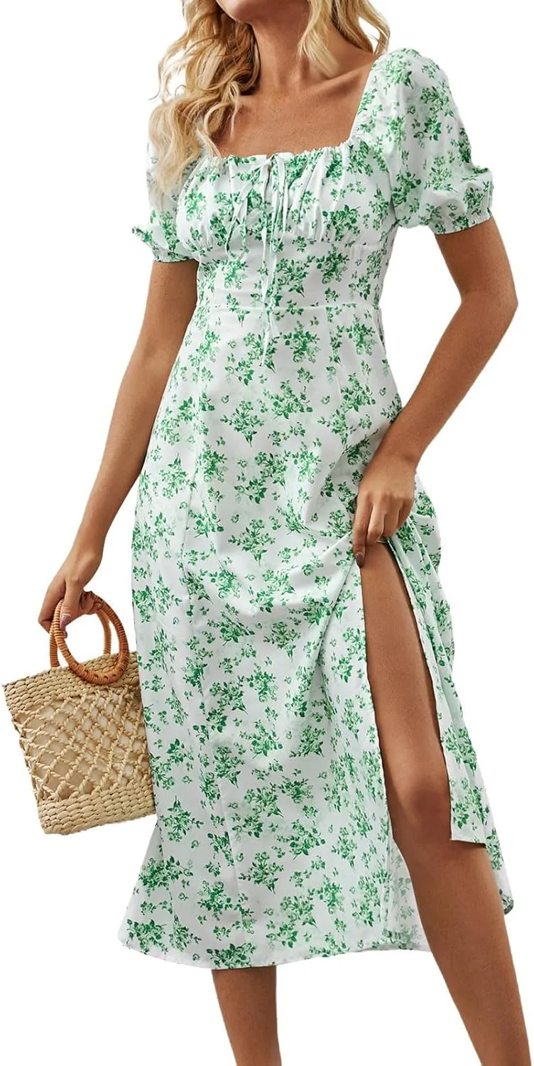 Floral Dress for Women Summer Smocked Beach Flowy Boho Dress Casual Square Neck Puff Short Sleeve Modest Dresses