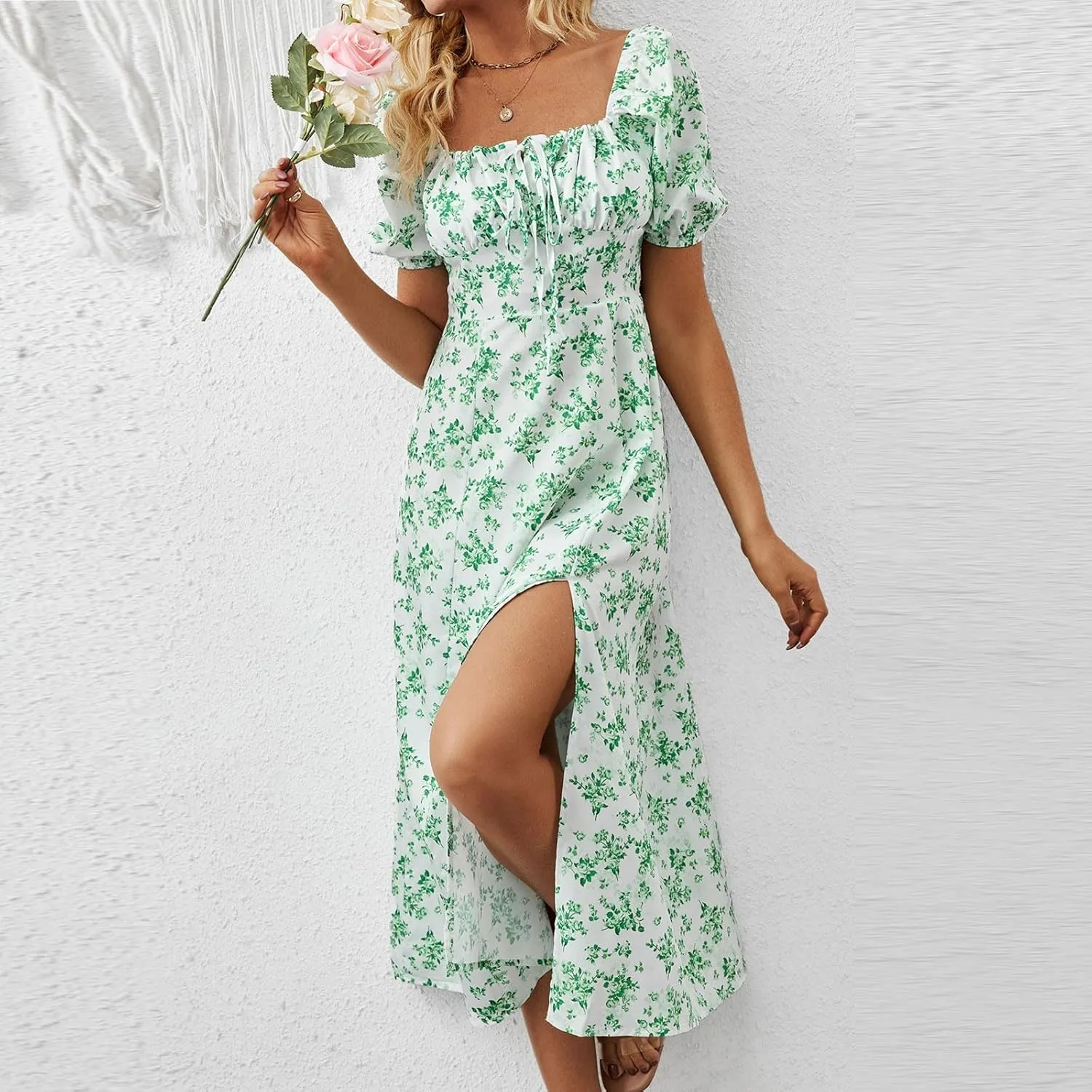 Floral Dress for Women Summer Smocked Beach Flowy Boho Dress Casual Square Neck Puff Short Sleeve Modest Dresses